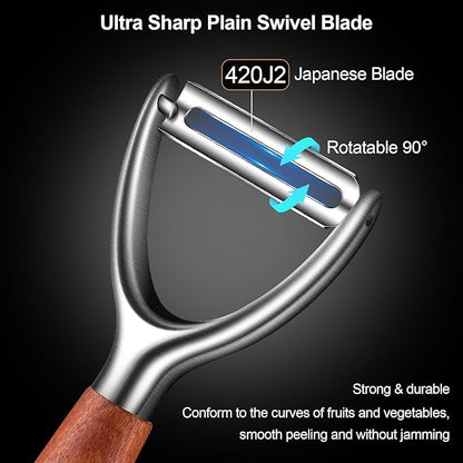 Potato Peelers Stainless Steel, Ultra Sharp Vegetable Peeler for Kitchen, Premium Veggie Fruit Peeler, Rotary Blade Carrot Peelers, Thickened Non-Slip Ergonomic Wooden Handle（5 Years Warranty）