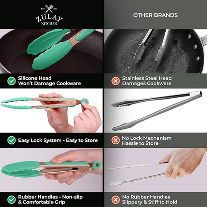 Zulay Stainless Steel Kitchen Tongs with Silicone Tips - Set of 2 (9” & 12”) Locking Cooking Tongs with Non-Slip Grip - Heat Resistant, BBQ Food Tongs for Non-Stick Cooking Pans (Rose Gold/Mint)