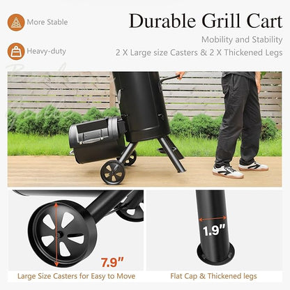 Sophia & William Heavy-Duty Vertical Offset Charcoal Smoker Extra Large Outdoor BBQ Gill with Offset Smoker, 961 SQ.IN. Cooking Area with Warming Tray,Push-out Ash Tray for Event Gathering, Black