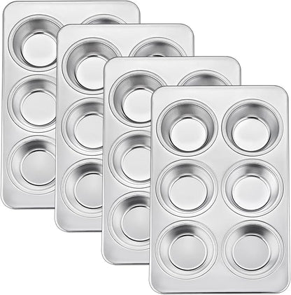 TeamFar Muffin Pan Set of 4, 6 Cup Muffin Tins Pans For Baking, Cupcake Pan Tray Set Stainless Steel for Baking Muffins Cakes Tarts and More, Healthy & Sturdy, Oven & Dishwasher Safe