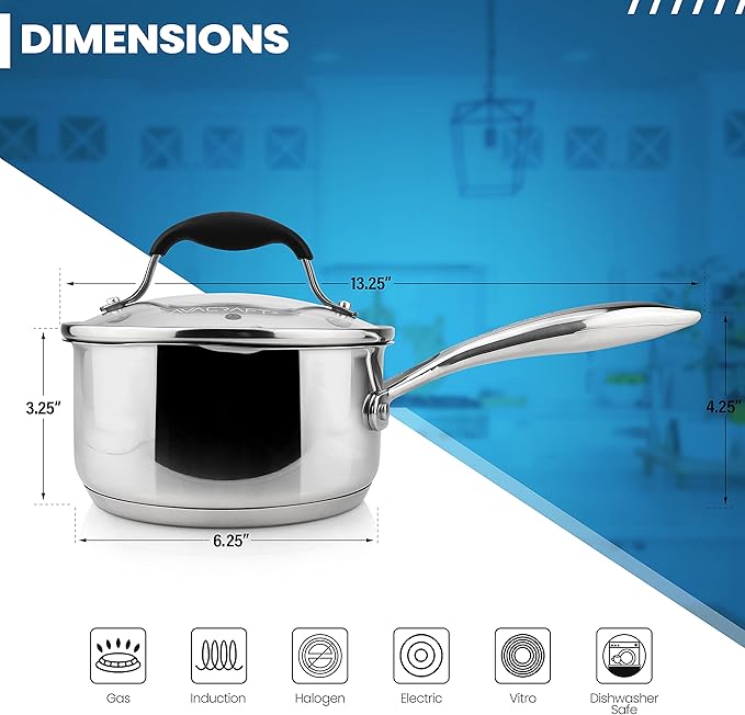 AVACRAFT Multipurpose Sauce Pan/Pot, Stainless Steel with Glass Strainer Lid, Two Side Spouts for Easy Pour with Ergonomic Handle (5-Ply Capsule Bottom, 1.5 Quart)