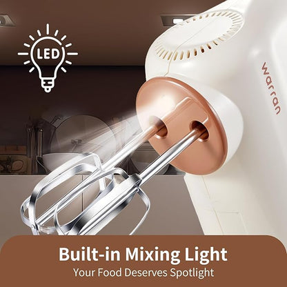 300W Compact Lightweight Electric Hand Mixer, with Powerful Quiet DC Motor for Baking, Cake, Brownies, Cookie Dough, Ideal for Home Kitchen (White)