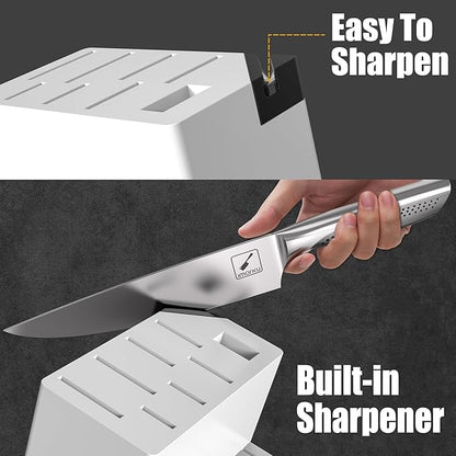 imarku® Knife Set, Japanese HC Stainless Steel 15 PCS Kitchen Knife Set With Block With Built-in Sharpener, Razor-Sharp Blade Knife Block Set With Dotted Ergomomic Handle, Best Birthday Gifts, White