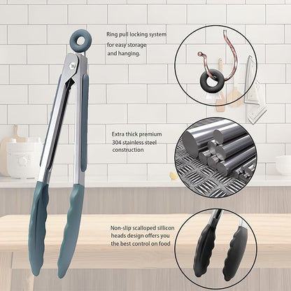 Kitchen Tongs with Silicone Tips,Tongs for Cooking Heat Resistant 600 Degrees Stainless Steel Locking Tongs,Dark green Set of 3-7", 9" and 12"