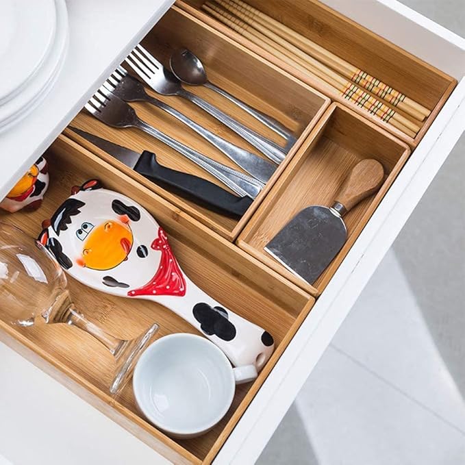 Bamboo Drawer Organizer - Kitchen Utensil Organizer Silverware Tray Cutlery Holder，Office Desk Supplies and Accessories (5.9x3x2.6 inch)