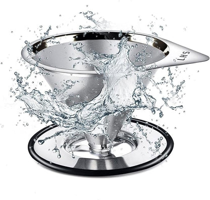 LHS Pour Over Coffee Dripper Stainless Steel Coffee Filter Metal Cone Filter Paperless Reusable Coffee Filter Single Cup Coffee Maker 1-4 Cup With Non-slip Cup Stand and Cleaning Brush