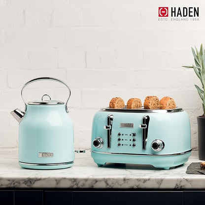 Haden Heritage 1.7 Liter Stainless Steel Electric Tea Kettle with Heritage 2 Slice Wide Slot Stainless Steel Bread Toaster, Turquoise