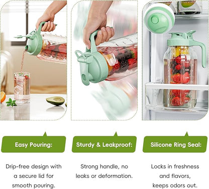 Fruit Infuser Water Pitcher,Glass Mason Jar Pitcher,64oz(2 Quart) Wide Mouth Jug with Pour Spout Handle Lid for Fruit Drinks,Cold Brew Coffee,Ice Beverage,Iced Juice,Lemonade,Sun Tea Container