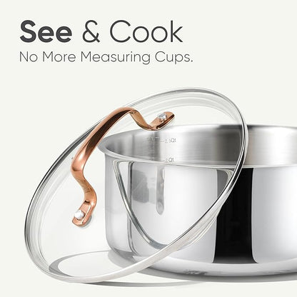 CAROTE 1.6Qt & 3.0Qt Stainless Steel Saucepan Set, Non-Toxic 3-Ply Stainless Steel Cookware Set with Lids, Small Kitchen Pots, Oven Safe, Compatible with Induction, Ceramic, Gas
