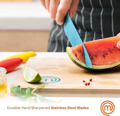 MasterChef Kitchen Knife Set with Covers incl. Paring, Boning, Carving, Bread, Santoku & Chef Knife, Sharp Cutting Stainless Steel Blades with Sheaths, 12 Piece (6 Colored Kitchen Knives & 6 Covers)