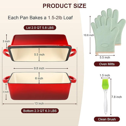 9x5 Inch Enameled Cast Iron Loaf Pan with Lid | 2 in 1 Homemade Sourdough Bread Baking Pan for Homemade Bread, Cake, Meatloaf | Durable 2 Piece Set, Red color