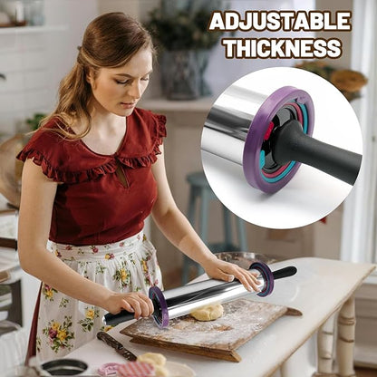 SHIKORI Rolling Pin,Adjustable Rolling Pin with Thickness Rings, Stainless Steel Dough Roller Baking Supplies for Pizza Pastry Fondant Pie Pasta-Black