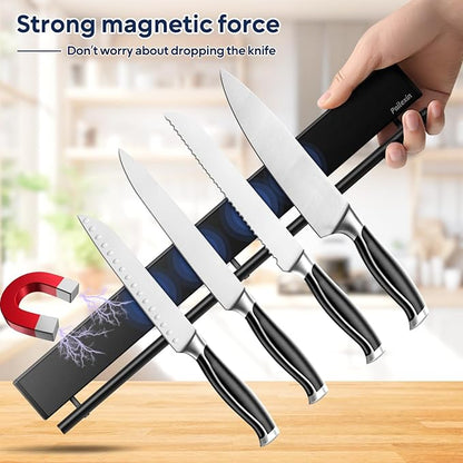 20 inch magnetic knife holder with 10 hooks, No Drilling black knife magnetic strip and utensil hanger for wall, Powerful knife magnet rack include tape and screws