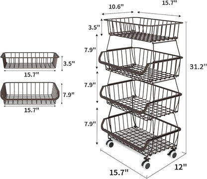 Miyawell Fruit Vegetable Storage Basket for Kitchen - 4 Tier Stackable Metal Wire Baskets Cart with Rolling Wheels Utility Fruits Rack Produce Snack Organizer Bins for Pantry Bathroom Laundry Bronze