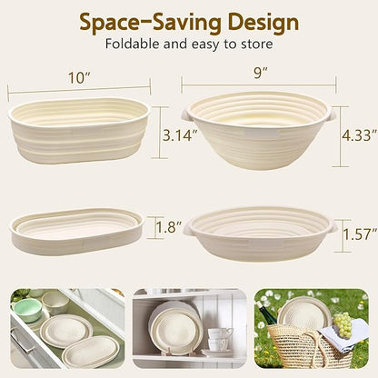 Aliggbent Silicone Banneton Bread Proofing Baskets, 10'' Oval ＆ 9'' Round Foldable Sourdough Bread Baking Supplies 18Pcs Sourdough Starter Kit Easy-to-Clean Proofing Baskets for Sourdough Bread Baking