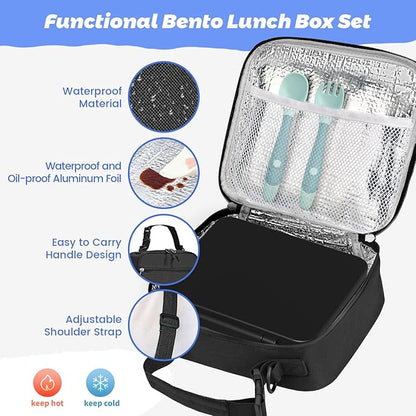Kids Bento Lunch Box with Thermos, Leakproof Toddler Bento Box with 9 OZ Insulated Food Jar, Lunch Bag & Utensils 3 or 4 Compartment Container for School Girls Boys