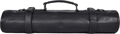 Leather Knife Roll Storage Bag, Elastic and Expandable 10 Pockets, Adjustable/Detachable Shoulder Strap, Travel-Friendly Chef Knife Case (Cerulean Black, Leather)