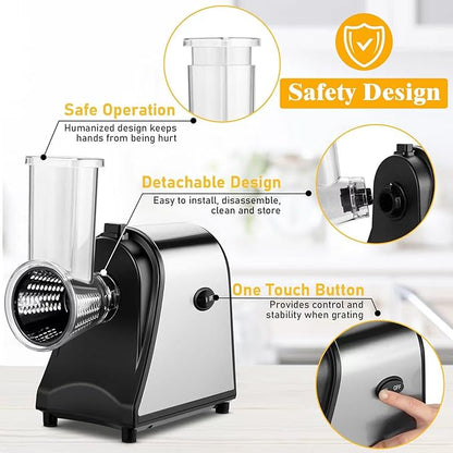 Electric Cheese Grater, Salad Maker With 5 Different Blades, 250W Electric Slicer Shredder for Home Kitchen Use, One-Touch Control Electric Grater for Cheeses, Fruits, Vegetables, BPA-Free