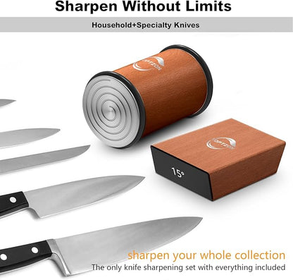 Toptzon Diamond Brown Rolling Knife Sharpener – Roller Knife Sharpener Kit with 15 & 20 Degree Magnetic Angle Stand & Leather Strop Paddle Kit - Easy Sharpening for Kitchen Knife (Modern Brown)
