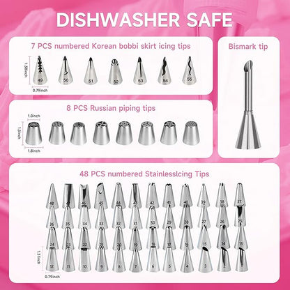 Cake Decorating Kit,137pcs Cake Decorating Supplies with Cake Turntable for Decorating,Pastry Piping Bag,Russian Piping Tips Baking Tools, Cake Baking Supplies for Beginners(Pink)