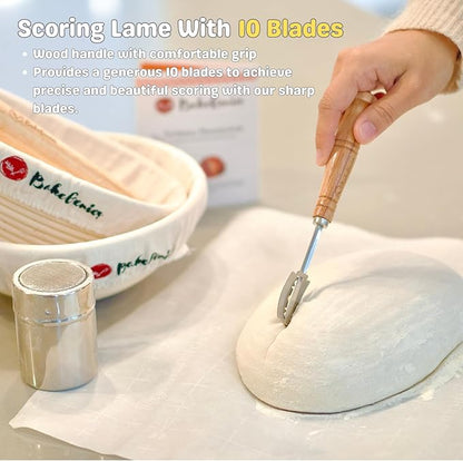 Artisan Bread Banneton Proofing Basket Set of 2, 9 inch Round & 10 inch Oval Sourdough Baskets with Danish Whisk, Dough Cutter, Scraper, Flour duster, Cleaning Brush, Bread Lame &10 Blades