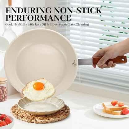 MARSKITOP 10 Inch Frying Pan Nonstick, Stainless Steel Skillet with Ceramic Coating, PFAS Free, Fry Pan with Ergonomic Wooden Handle, Suitable for All Stove