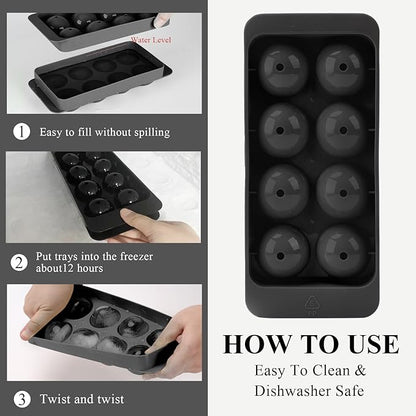 Round Ice Cube Mold,8 PCS x 1.8 in Whiskey Ice Cubes,Circle Ice Cube Tray with Lid,Large Ice Ball Maker Mold Sphere Ice Cube,Large Ice Cube Molds for Cocktails,Coffee(Round Ice Cube Mold,Black