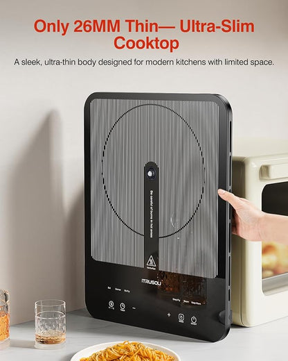 Portable Induction Cooktop, 1°C Precision Control, Dual Temp Display, 1L Boils in 4 Mins, Ultra-Slim 26mm Burner, 6 Cooking Modes, 3-Hour Timer, Glass Surface, for Magnetic Cookware Only