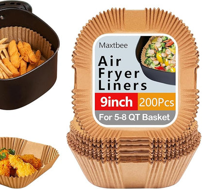9 Inch Air Fryer Paper Liner Disposable, 200PCS Non-Stick, Oil-Proof & High-Temperature Resistant Square Baking Parchment Paper for Air Fryer, Microwave and Oven（Bottom Is 8 Inch）