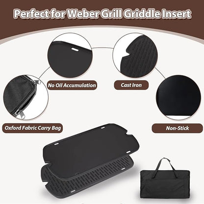 Griddle for Weber Traveler Grill 9010001 9020001 9030001, 7034 Cast Iron Griddle Insert Replacement Parts for Weber Traveler 9013001 9011701 Flat Top Griddle Accessories with Carry Bag