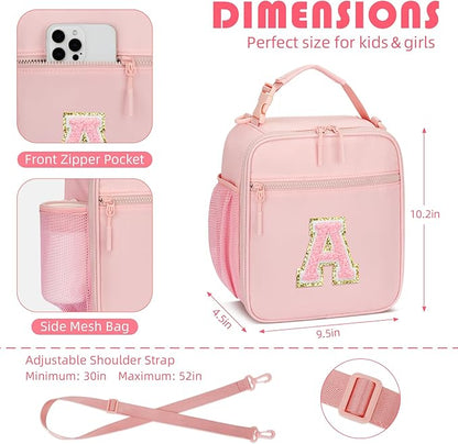 Initial Insulated Lunch Bag for Girls Kids, Back to School Gift, Reusable Leak-proof Lunch Box with Adjustable Strap for School Daycare Travel Picnic (Pink,A)