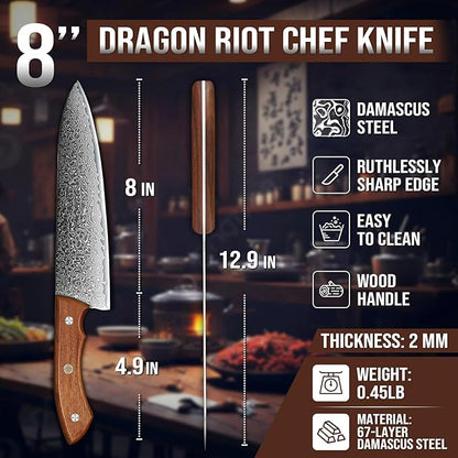 DRAGON RIOT Damascus Chef's Knife 7 inch, Japanese Kitchen Knife with VG10 Steel Core, Ultra Sharp Forged Professional Chef Knife With Full Tang Handle, Premium Gift Box