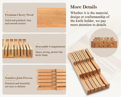 HEZHEN 11-slots Cherry Wood In-drawer Knife Tray,Knife Holder, Knife Block without Knives, Fit for 10 Knives and 1 sharpening rod