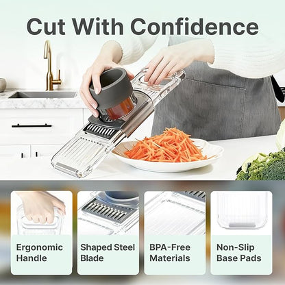 Multifunctional Handheld Mandoline Slicer for Kitchen – Sharp Vegetable Cutter with Safety Guard, 6‑in‑1 Cucumber Slicer & Grater, Crystal-Clear One-Piece Body, Easy to Clean, Sturdy & Compact