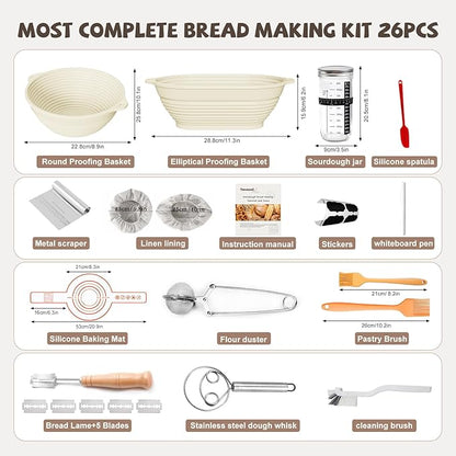Sourdough Starter Kit, 26PCS Sourdough Bread Baking Supplies, Including a Sourdough Starter Jar (34OZ), Silicone Banneton Bread Proofing Basket Set of 2 (Silver cover, Large glass mouth)
