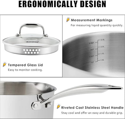 Rorence 3-Quart Saucepan with Lid: Pour and Strain Stainless Steel Sauce Pan with Pour Spouts, Capsule Bottom & Tempered Glass Lid