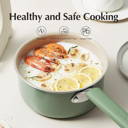 Redchef Ceramic Nonstick Saucepan with Lid, 3QT Small Cooking Pot,Non Toxic Sauce Pans for Kitchen, Cool Handle PFAS Free Compatible with All Cooktops, Green
