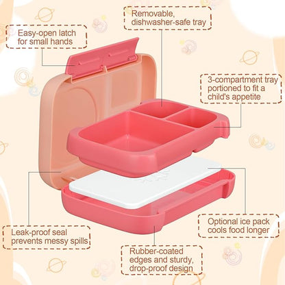 Bento Box for Kids,Kids Bento Lunch Box with Built-in Ice Pack for School,3 Compartments Leak Proof Lunch Container with Utensils for Girl Boy;BPA Free,Microwave & Dishwasher Safe, 44oz(Pink)