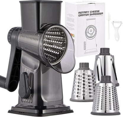Rotary Cheese Grater with Handle Kitchen Shredder Slicer Grater Slicer Ice Shaver Cheese Vegetable Nuts Potato Zucchini Chocolate 3 Interchangeable Blades (Dark Grey TSP)