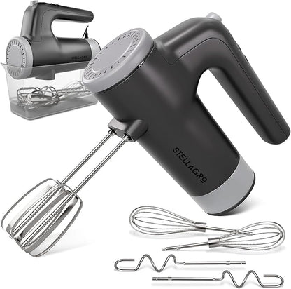 Electric Hand Mixer 9 Speed with Stainless Steel Whisk, Flat Beater & Dough Hook, Snap Storage Case, Compact Lightweight 350 W Powerful handheld mixer for Baking & Cooking, Gray