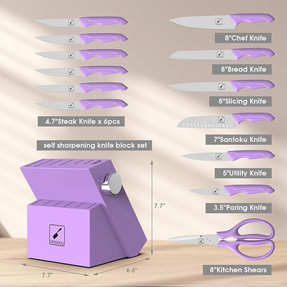 imarku® Kitchen Knife Set, Sharp Knives Set with Built-in Sharpener, Stainless Steel Block Knife Set and Non-Slip Ergonomic Handle, Dishwasher Safe, 14 PCS Professional Knife Set for Gift, Lavender