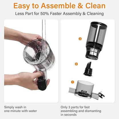 Cold Press Juicer, Masticating Juicer with Large Feed Chute Fit Whole Fruits & Vegetables，Stainless Steel Slow Masticating Juicer Easy to Clean, 99.6% Juice Purity, Metallic Silve