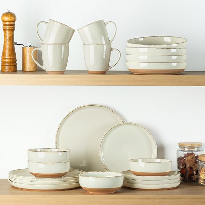 AmorArc Ceramic Dinnerware Sets with Pasta Bowls for 8, Handpainted Plates and Bowls Set with Rustic Terracotta Underside, Scratch Resistant Dishes Set, Dishwasher & Microwave Safe, 32 Pcs