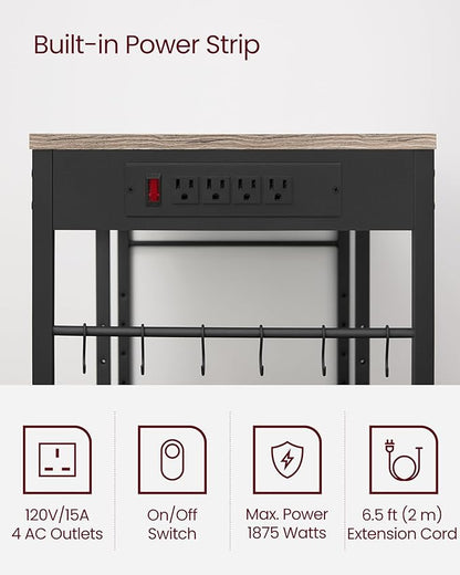 VASAGLE Baker's Rack, Coffee Bar Stand with Charging Station, Storage Shelves, Pull-Out Wire Basket, Table for Microwave, Kitchen, Greige UKKS036K02, 15.7 x 35.4 x 35.6 Inches