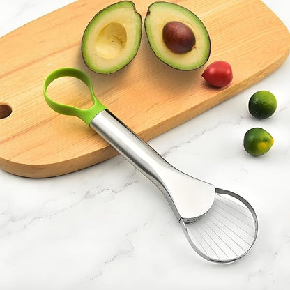 3-in-1 Avocado Slicer Tool, Emptycolor Stainless Steel Avocado Cutter, Pitter & Peeler, Multi-Function Avocado Tool for Slicing, Scooping, and Pit Removal, Kitchen Gadget with Green Plastic Handle