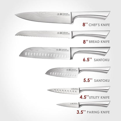 Cuisine::pro Damashiro Knife Block (Kumi, 7-Piece Chef Knife Set) - Japanese Steel Knife - Magnetic Knife Block- Damascus-Inspired Blade Kitchen Knives