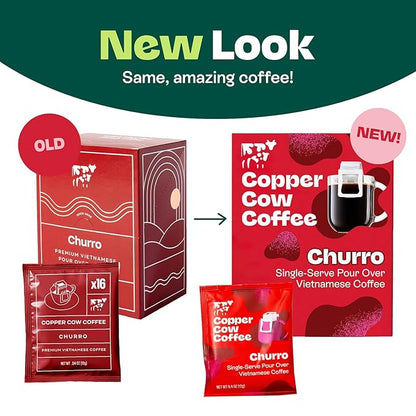 Copper Cow Coffee Pour Over Vietnamese Coffee Pouches + Sweetened Condensed Milk Creamers (8 Coffees & 8 Milk Creamers) | Churro Lattes, No Refrigeration Needed, Travel Friendly