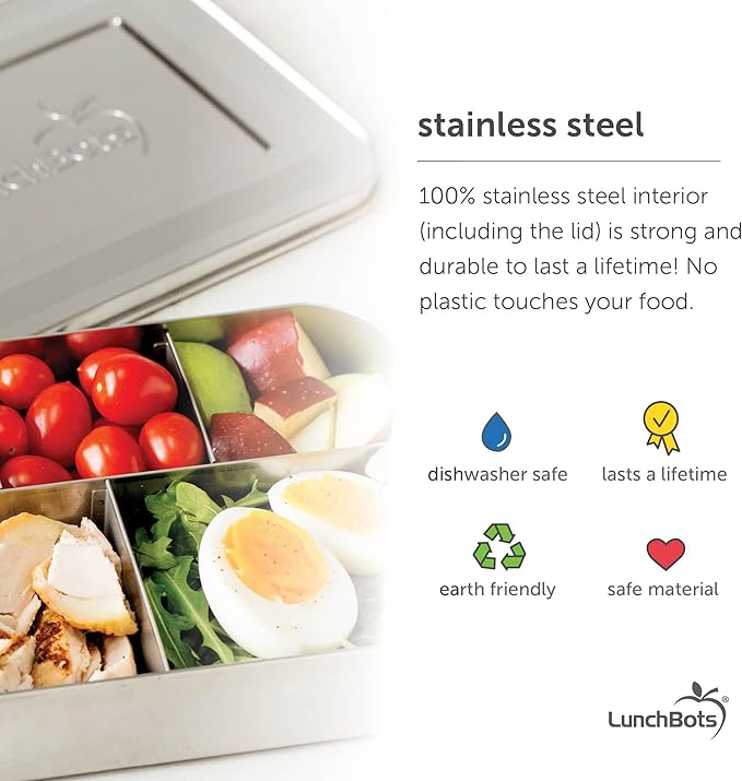 LunchBots Medium Duo Snack Container - Divided Stainless Steel Food Container - Two Sections for Half Sandwich and a Side - Eco-Friendly - Dishwasher Safe - Stainless Lid - Aqua Dots
