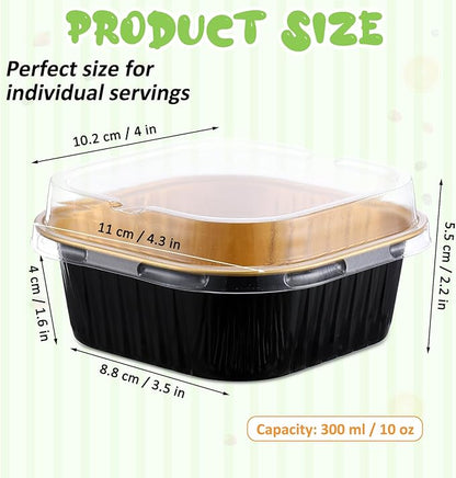 Aoriher 150 Pieces 10 oz Mini Cake Pans with Lids Aluminum Foil Baking Cups Square Disposable 4" x 4" Large Cupcake Cups Baking Tins for Kitchen Brownie Pudding Desserts Holders(Black, Gold)