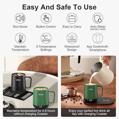 Temperature Control Smart Mug, Self Heating Coffee Mug LED Display, 180 Min Battery Life - Hot up to 149℉ Fast Wireless Charger Base Improved Design coffee serving sets (12oz, Blue Grey)